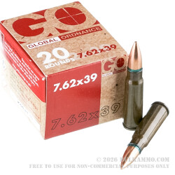 20 Rounds of 7.62x39 Ammo by Arsenal by Global Ordnance - 122gr FMJ