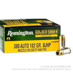20 Rounds of .380 ACP Ammo by Remington Golden Saber - 102gr BJHP