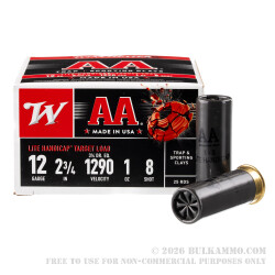 25 Rounds of 12ga 2-3/4" Ammo by Winchester AA Lite Handicap - 1 ounce #8 shot
