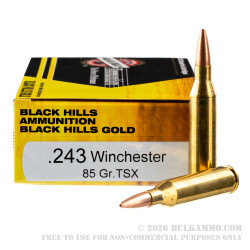 20 Rounds of .243 Win Ammo by Black Hills Gold Ammunition - 85gr TSX