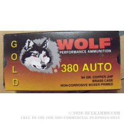 380 Auto 94 gr JHP Wolf Gold Ammo For Sale! 380 Auto 94 gr JHP Wolf Gold Ammo For Sale!