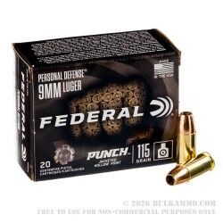 20 Rounds of 9mm Ammo by Federal Punch - 115gr JHP