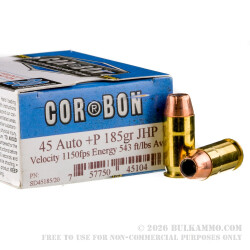 500 Rounds of .45 ACP +P Ammo by Corbon - 185gr JHP 500 Rounds of .45 ACP +P Ammo by Corbon - 185gr JHP