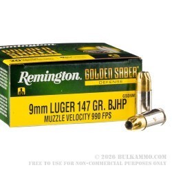 20 Rounds of 9mm Ammo by Remington Golden Saber - 147gr BJHP