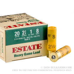 250 Rounds of 20ga 2-3/4" Ammo by Estate Cartridge Heavy Game Load - 1 ounce #8 shot