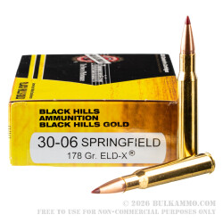 20 Rounds of 30-06 Springfield Ammo by Black Hills Gold - 178gr ELD-X