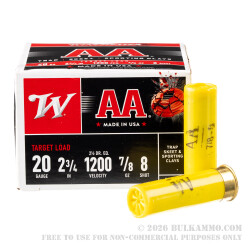 250 Rounds of 20ga Ammo by Winchester AA - 7/8 ounce #8 shot