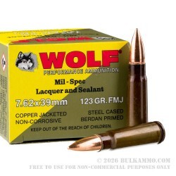 20 Rounds of 7.62x39 Ammo by Wolf - 123gr FMJ