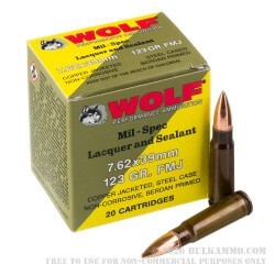 20 Rounds of 7.62x39 Ammo by Wolf - 123gr FMJ