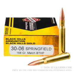 20 Rounds of 30-06 Springfield Ammo by Black Hills Gold - 168gr Match HPBT