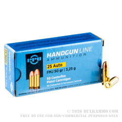 50 Rounds of .25 ACP Ammo by Prvi Partizan - 50gr FMJ