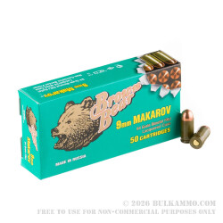 50 Rounds of 9x18mm Makarov Ammo by Brown Bear - 94gr FMJ