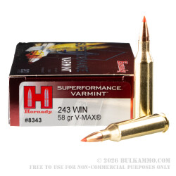 20 Rounds of .243 Win Ammo by Hornady Superformance Varmint - 58 Grain V-Max