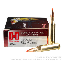20 Rounds of .243 Win Ammo by Hornady Superformance Varmint - 58 Grain V-Max