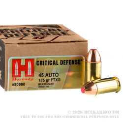 20 Rounds of .45 ACP Ammo by Hornady Critical Defense - 185gr JHP 20 Rounds of .45 ACP Ammo by Hornady Critical Defense - 185gr JHP