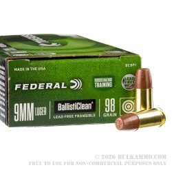 50 Rounds of 9mm Ammo by Federal Premium Law Enforcement - 98gr Frangible RHT Ballisticlean