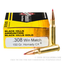 100 Rounds of .308 Win Ammo by Black Hills Gold - 150gr CX