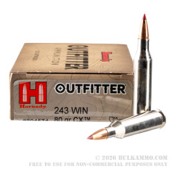 20 Rounds of .243 Win Ammo by Hornady Outfitter - 80gr CX
