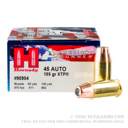 200 Rounds of .45 ACP Ammo by Hornady American Gunner - 185gr XTP JHP