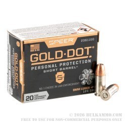 20 Rounds of 9mm +P Ammo by Speer Gold Dot Short Barrel - 124gr JHP