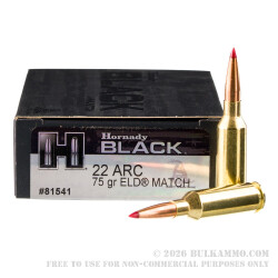 20 Rounds of .22 ARC Ammo by Hornady BLACK- 75gr ELD Match