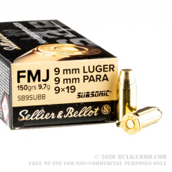 1000 Rounds of 9mm Ammo by Sellier & Bellot - 150gr Subsonic FMJ 1000 Rounds of 9mm Ammo by Sellier & Bellot - 150gr Subsonic FMJ