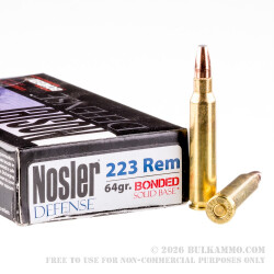 20 Rounds of .223 Ammo by Nosler Defense Ammunition - 64gr Bonded Flat Base SP 20 Rounds of .223 Ammo by Nosler Defense Ammunition - 64gr Bonded Flat Base SP