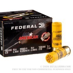 250 Rounds of 20ga Ammo by Federal All American - 7/8 ounce #7 1/2 shot