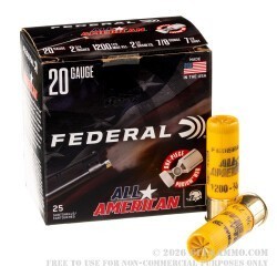 250 Rounds of 20ga Ammo by Federal All American - 7/8 ounce #7 1/2 shot