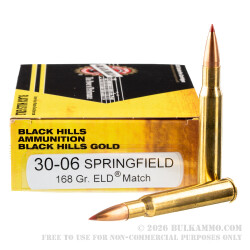 20 Rounds of 30-06 Springfield Ammo by Black Hills Gold - 168gr ELD Match