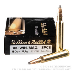 20 Rounds of .300 Win Mag Ammo by Sellier & Bellot - 180gr SPCE