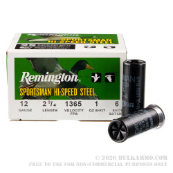 250 Rounds of 12ga Ammo by Remington Sportsman Hi-Speed Steel - 1 ounce #6 steel shot