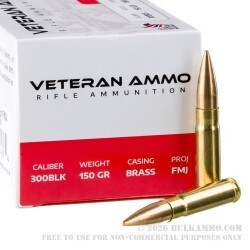 500 Rounds of .300 AAC Blackout Ammo by Veteran Ammo - 150gr FMJ