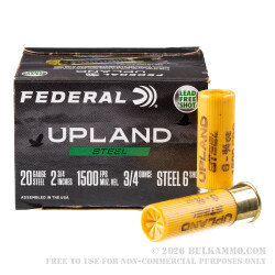250 Rounds of 20ga Ammo by Federal Upland Steel - 3/4 ounce #6 steel shot
