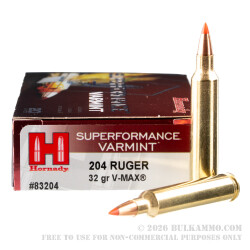 20 Rounds of .204 Ruger Ammo by Hornady - 32gr Vmax