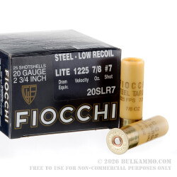 250 Rounds of 20ga Low Recoil Ammo by Fiocchi - 7/8 ounce #7 Shot (Steel)