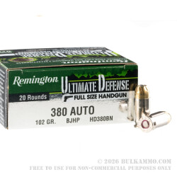 20 Rounds of .380 ACP Ammo by Remington Ultimate Defense - 102 gr JHP