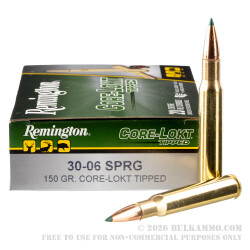 200 Rounds of 30-06 Ammo by Remington Core-Lokt Tipped - 150gr Polymer Tipped