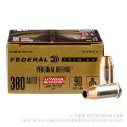 200 Rounds of .380 ACP Ammo by Federal Premium Low Recoil - 90gr Hydra-Shok JHP