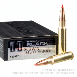 200 Rounds of .308 Win Ammo by Hornady BLACK - 155gr ELD Match