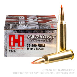 20 Rounds of .22-250 Rem Ammo by Hornady Varmint Express - 55gr V-MAX
