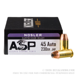 50 Rounds of Match Grade .45 ACP Ammo by Nosler Ammunition - 230gr JHP