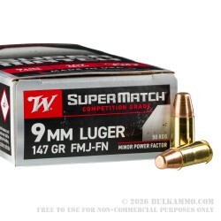 50 Rounds of 9mm Ammo by Winchester Super Match Minor Power Factor - 147gr FMJ FN
