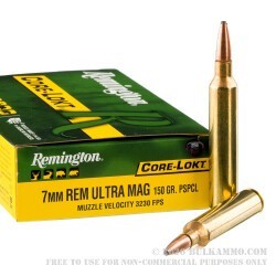 20 Rounds of 7mm Rem Ultra Mag Ammo by Remington Core-Lokt - 150gr PSP