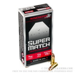 50 Rounds of 9mm Ammo by Winchester Super Match Minor Power Factor - 124gr FMJ RN