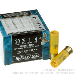 250 Rounds of 20ga Ammo by Federal Game Load Upland Hi-Brass - 1 ounce #4 shot 250 Rounds of 20ga Ammo by Federal Game Load Upland Hi-Brass - 1 ounce #4 shot