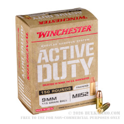 150 Rounds of 9mm Ammo by Winchester Active Duty - 115gr FMJ M1152 150 Rounds of 9mm Ammo by Winchester Active Duty - 115gr FMJ M1152