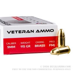 50 Rounds of 9mm Ammo by Veteran Ammo - 115gr FMJ