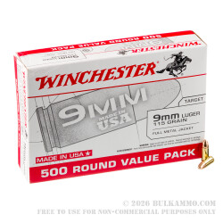 1000 Rounds of 9mm Ammo by Winchester USA - 115gr FMJ