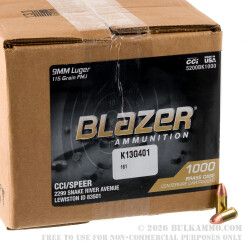 1000 Rounds of 9mm Ammo by Blazer Brass - 115gr FMJ